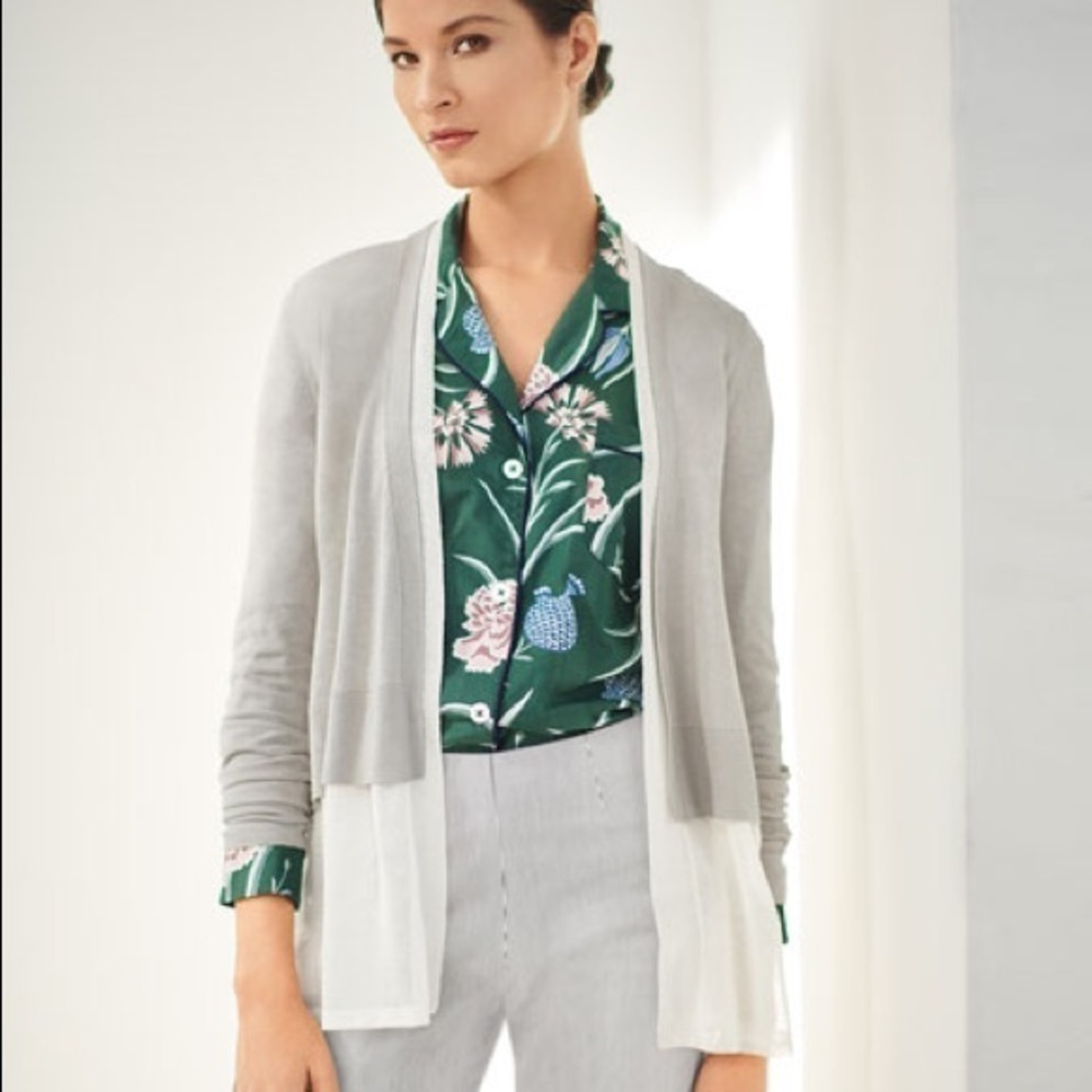 NEIMAN Marcus Cashmere Collection Chiffon-Trim Open-Front blush Cardigan medium